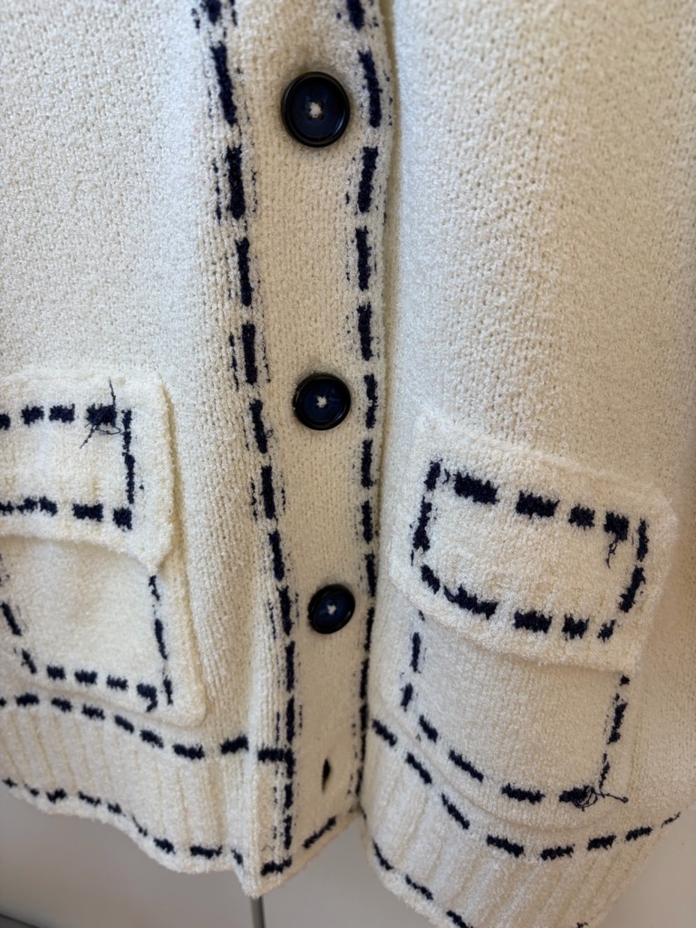 Zara White Knit Button-Front Cardigan with Navy Stitching - Picture 2 of 3